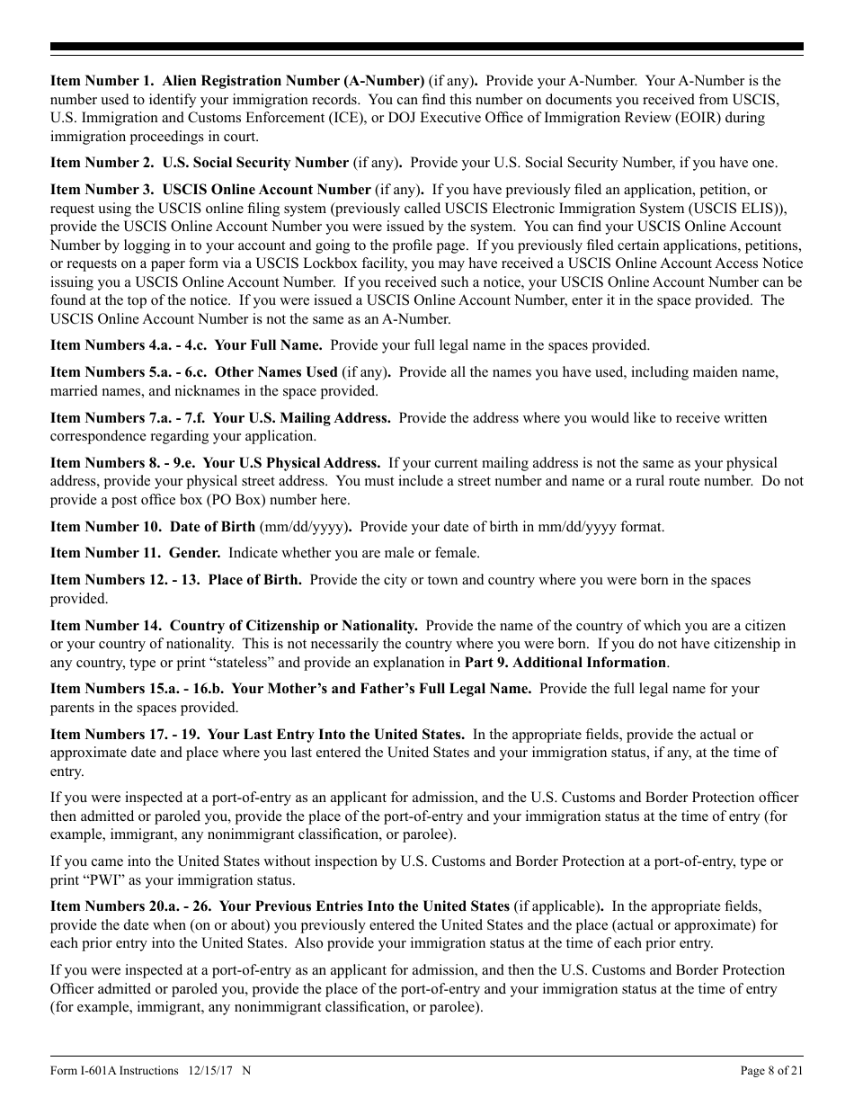 Instructions for USCIS Form I-601A Application for Provisional Unlawful Presence Waiver, Page 8