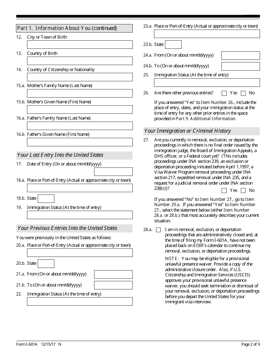 USCIS Form I601A Fill Out, Sign Online and Download Fillable PDF