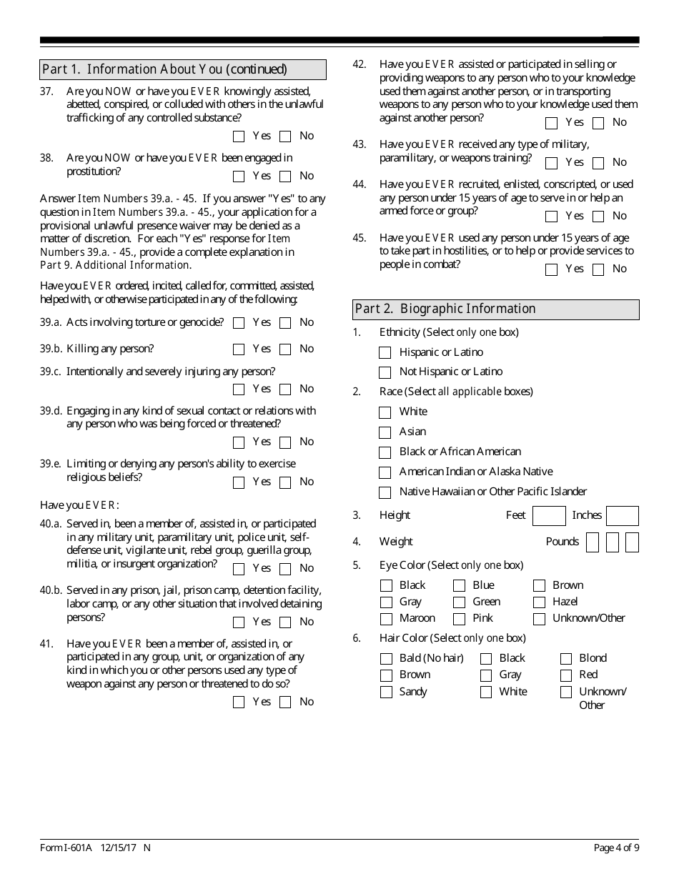 USCIS Form I-601A Application for Provisional Unlawful Presence Waiver, Page 4
