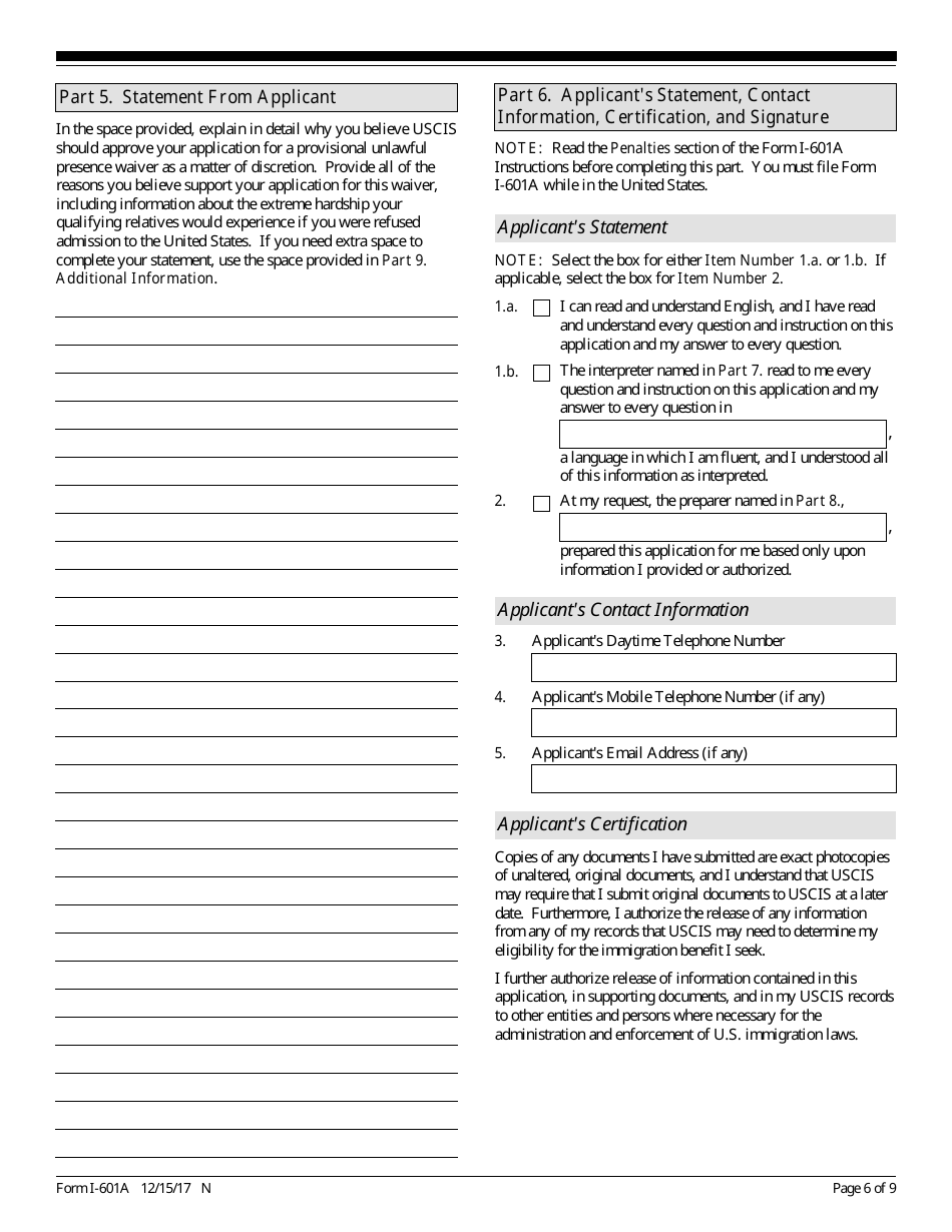 USCIS Form I-601A Application for Provisional Unlawful Presence Waiver, Page 6