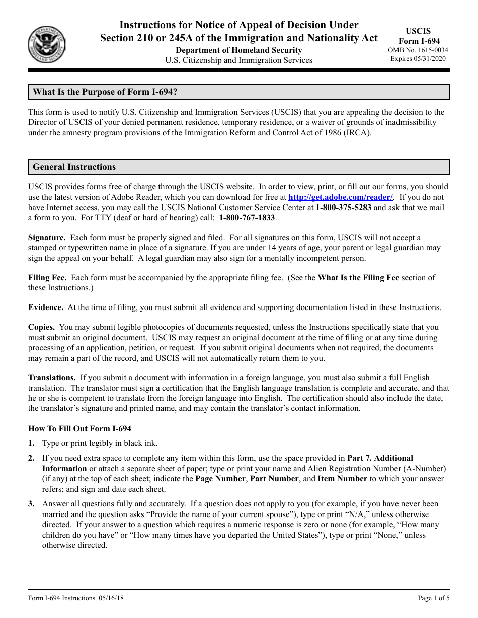 Instructions for USCIS Form I-694 Notice of Appeal of Decision Under Section 210 or 245a of the Immigration and Nationality Act, Page 1