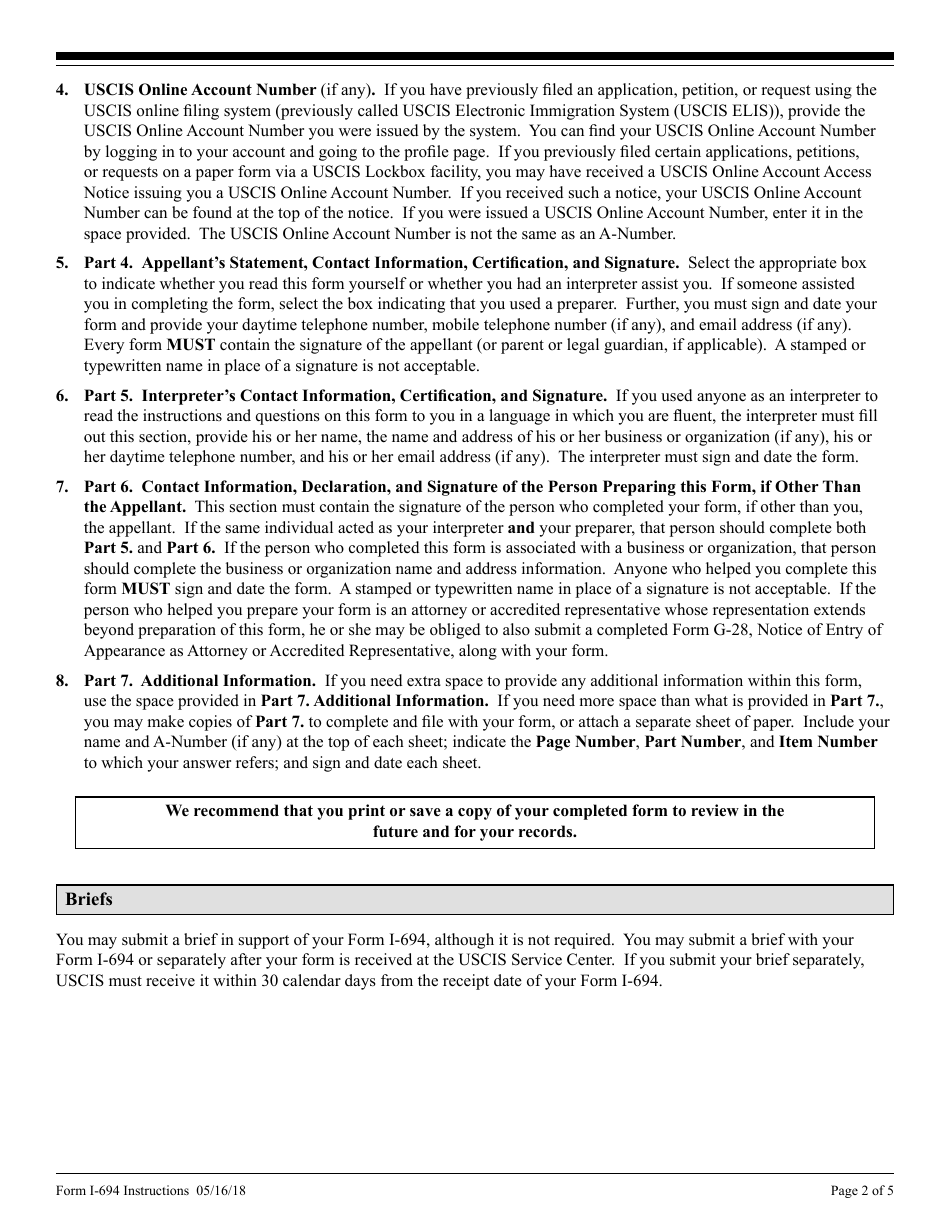 Instructions for USCIS Form I-694 Notice of Appeal of Decision Under Section 210 or 245a of the Immigration and Nationality Act, Page 2