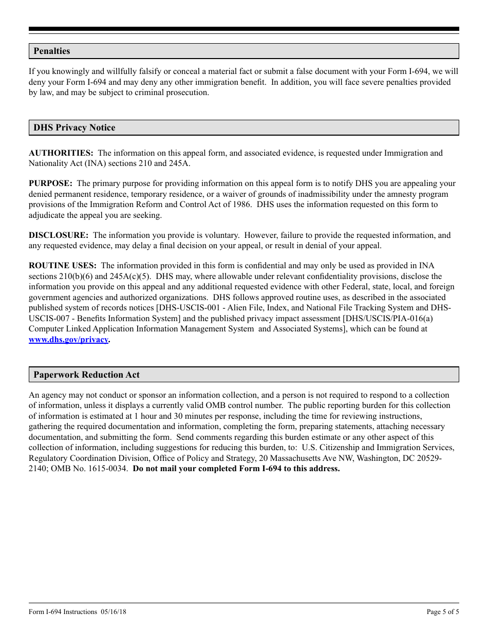 Instructions for USCIS Form I-694 Notice of Appeal of Decision Under Section 210 or 245a of the Immigration and Nationality Act, Page 5