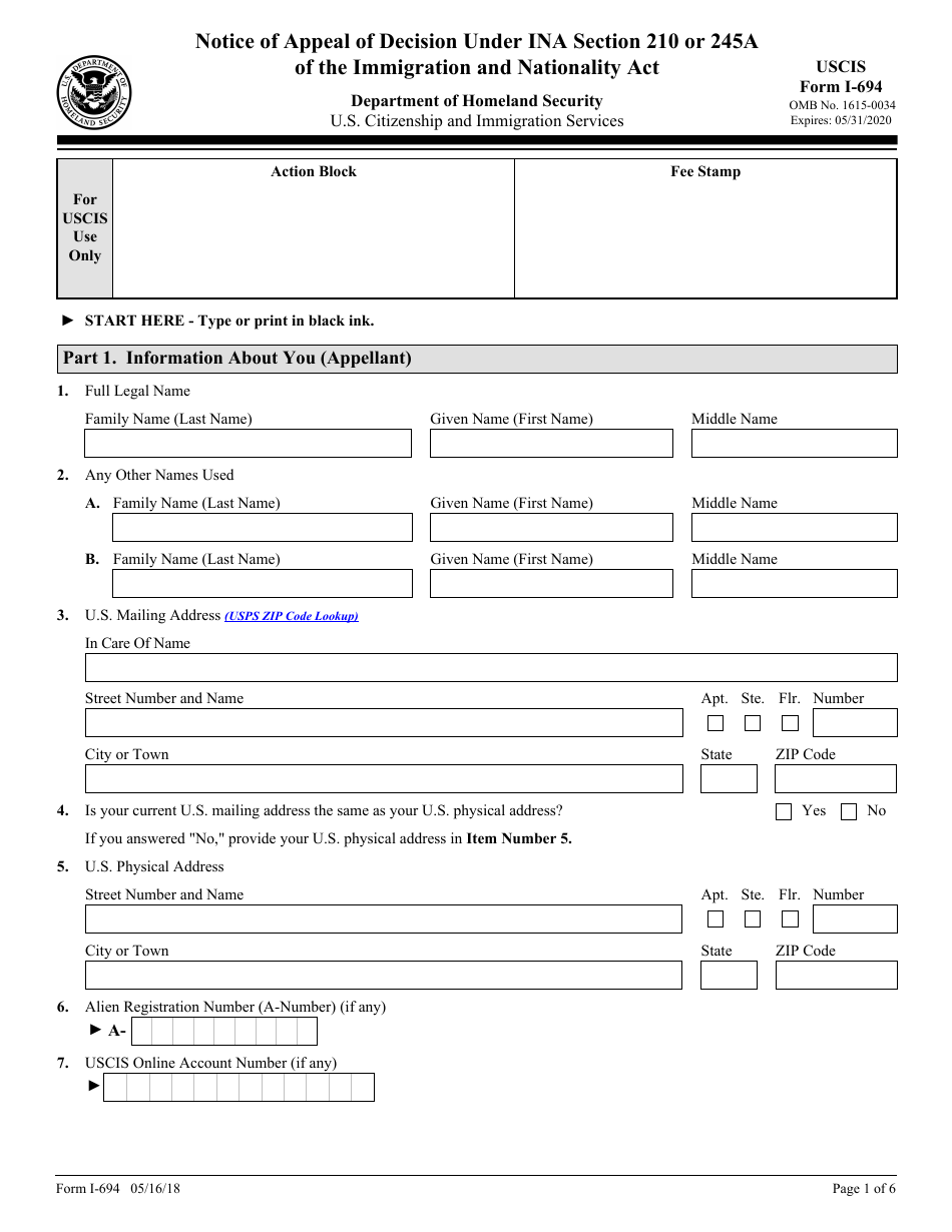 USCIS Form I-694 Notice of Appeal of Desicion Under Ina Section 210 or 245a of the Immigration and Nationality Act, Page 1