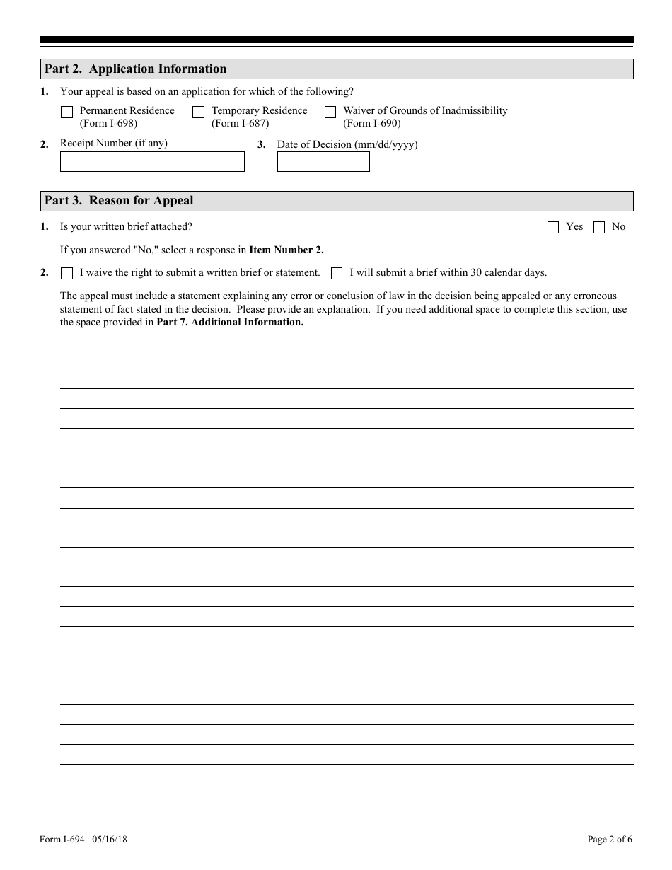 USCIS Form I-694 Notice of Appeal of Desicion Under Ina Section 210 or 245a of the Immigration and Nationality Act, Page 2