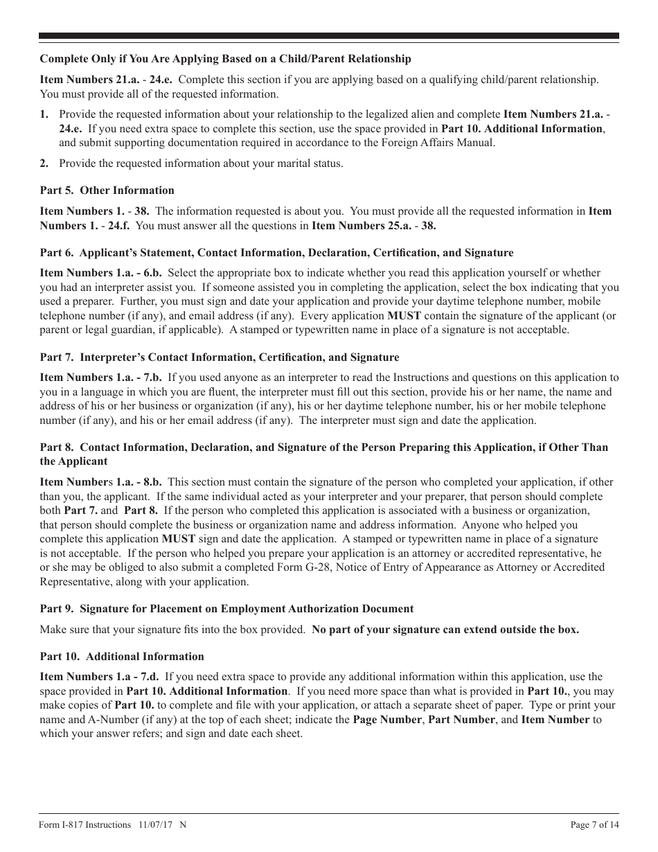 Instructions for USCIS Form I-817 Application for Family Unity Benefits, Page 7