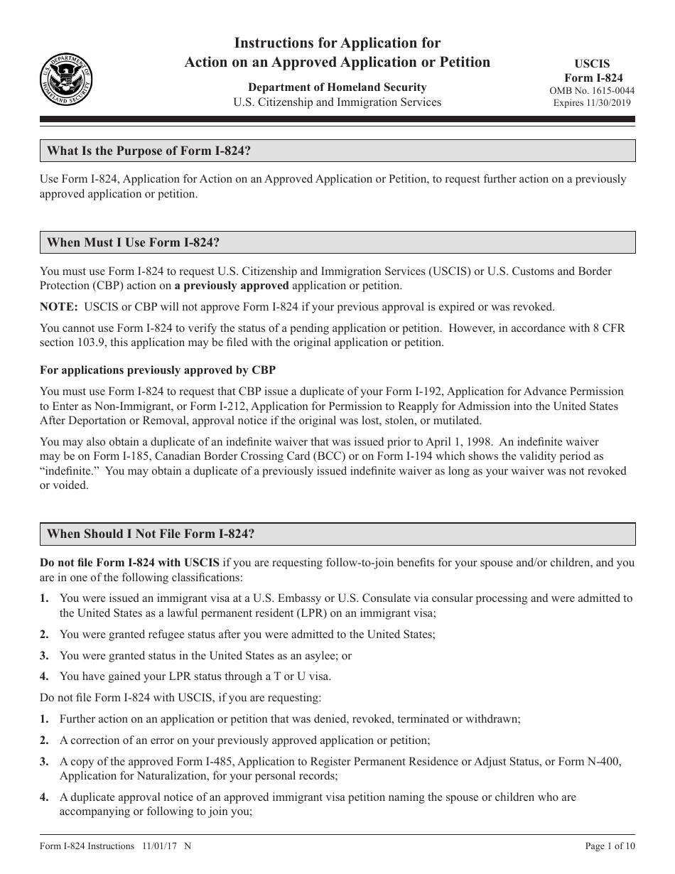 Instructions for USCIS Form I-824 Application for Action on an Approved Application or Petition, Page 1