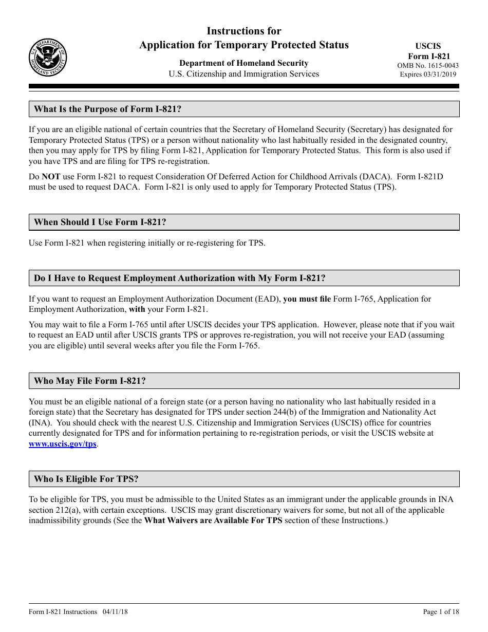 Download Instructions For USCIS Form I-821 Application For Temporary ...