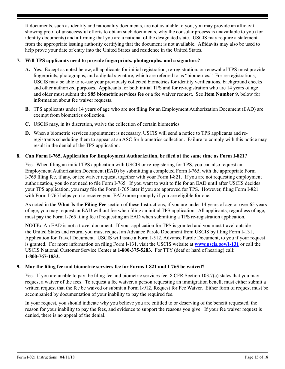 Instructions for USCIS Form I-821 Application for Temporary Protected Status, Page 13