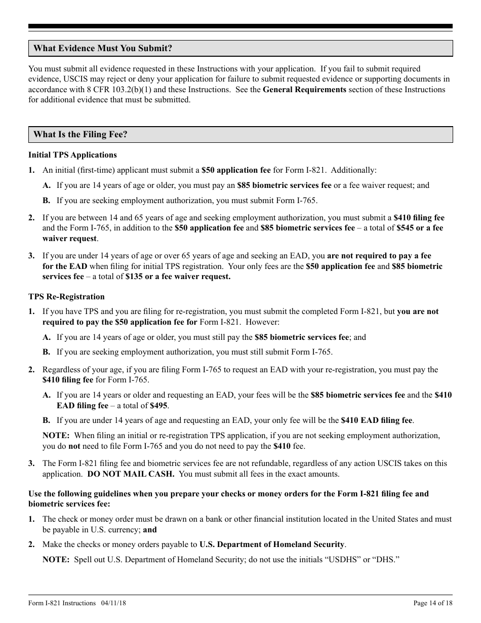 Instructions for USCIS Form I-821 Application for Temporary Protected Status, Page 14