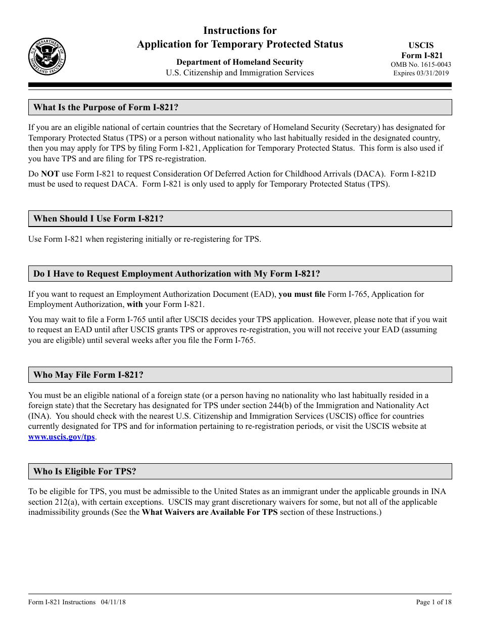 Instructions for USCIS Form I-821 Application for Temporary Protected Status, Page 1