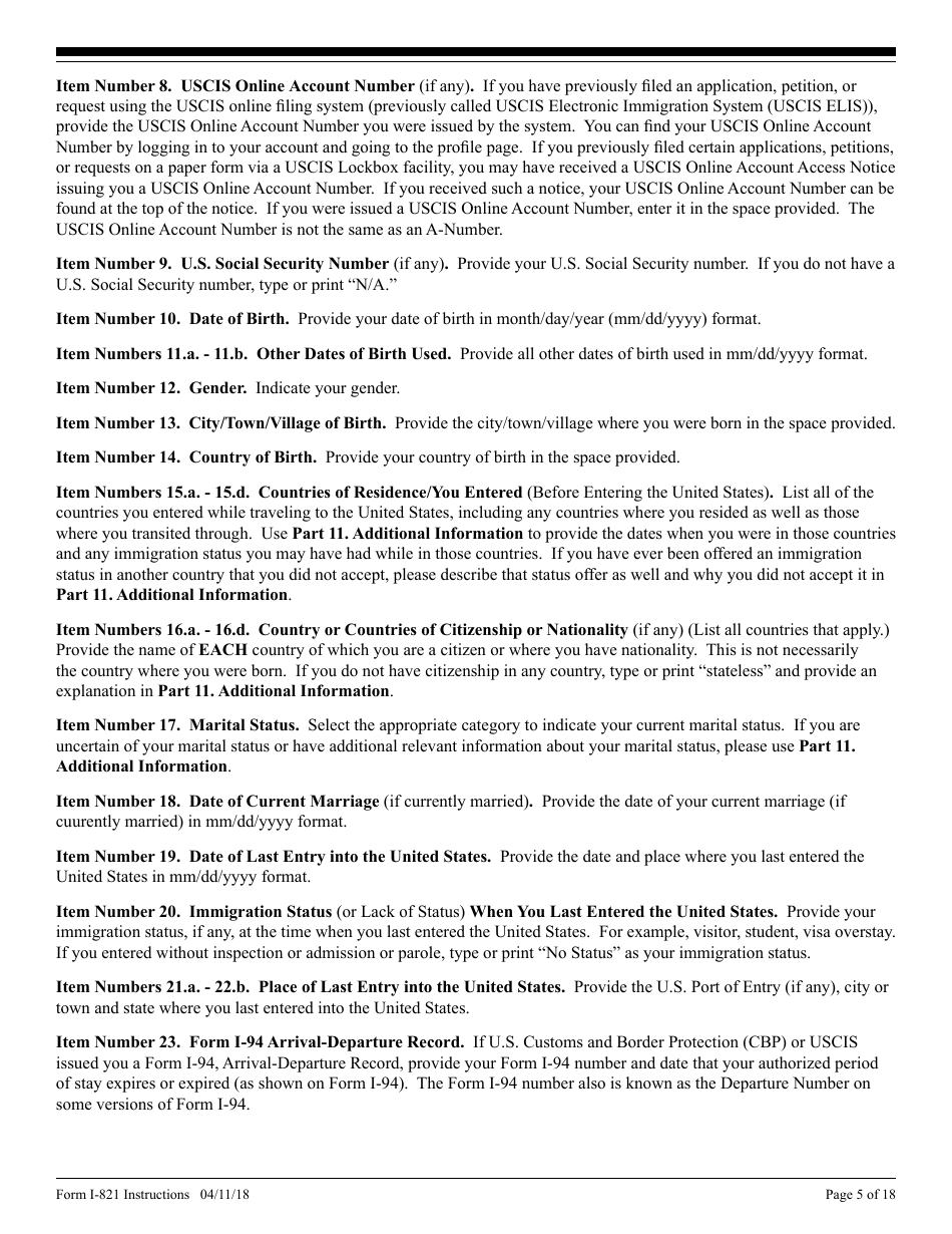 Instructions for USCIS Form I-821 Application for Temporary Protected Status, Page 5