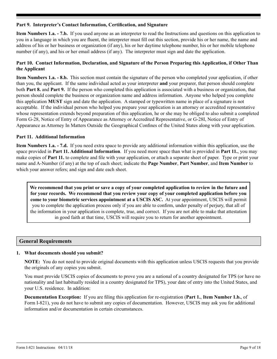 Instructions for USCIS Form I-821 Application for Temporary Protected Status, Page 9