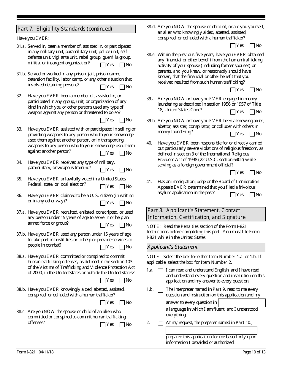 USCIS Form I-821 Application for Temporary Protected Status, Page 10