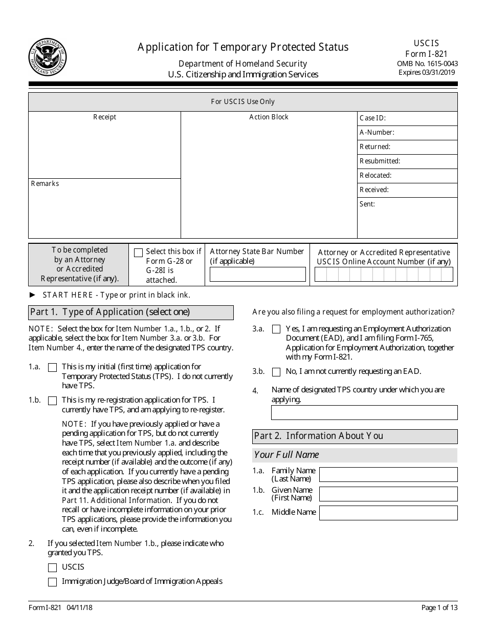 USCIS Form I-821 Application for Temporary Protected Status, Page 1