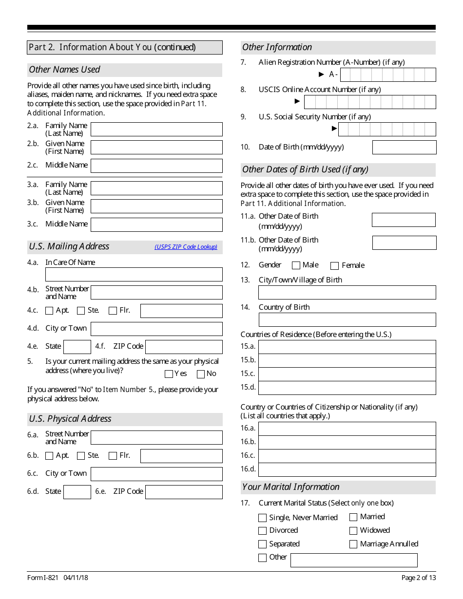 USCIS Form I-821 Application for Temporary Protected Status, Page 2