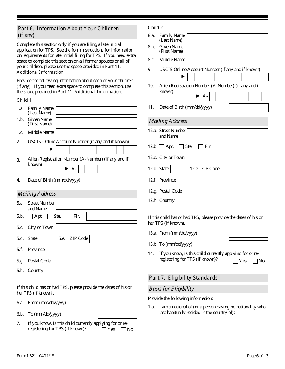 USCIS Form I-821 Application for Temporary Protected Status, Page 6