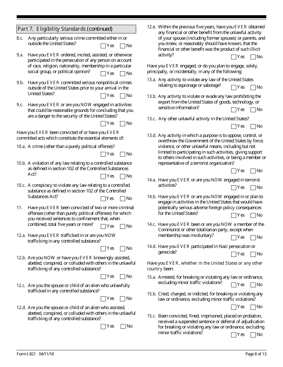 USCIS Form I-821 Application for Temporary Protected Status, Page 8