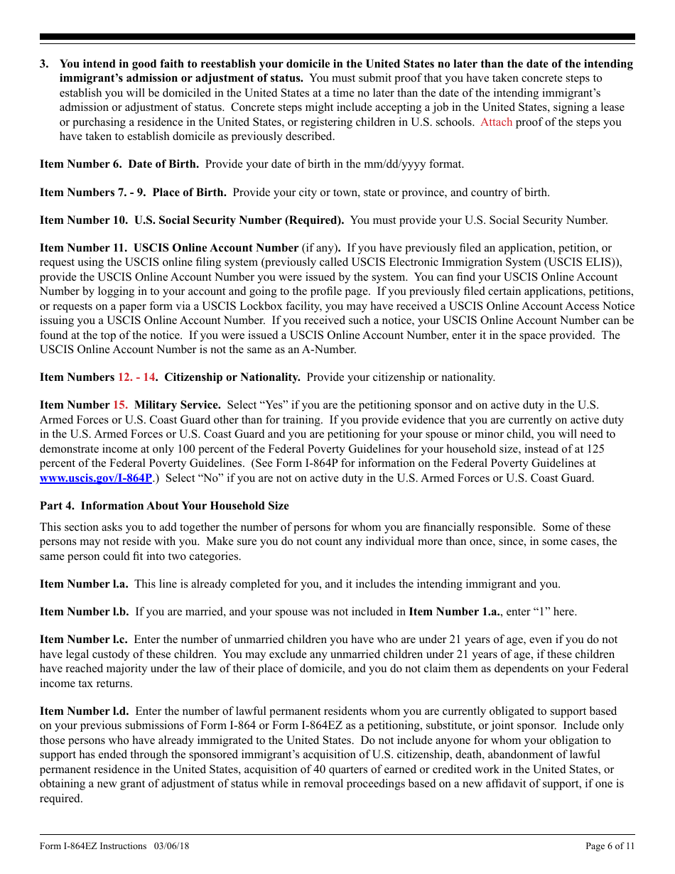 Instructions for USCIS Form I-864EZ Affidavit of Support Under Section 213a of the Ina, Page 6