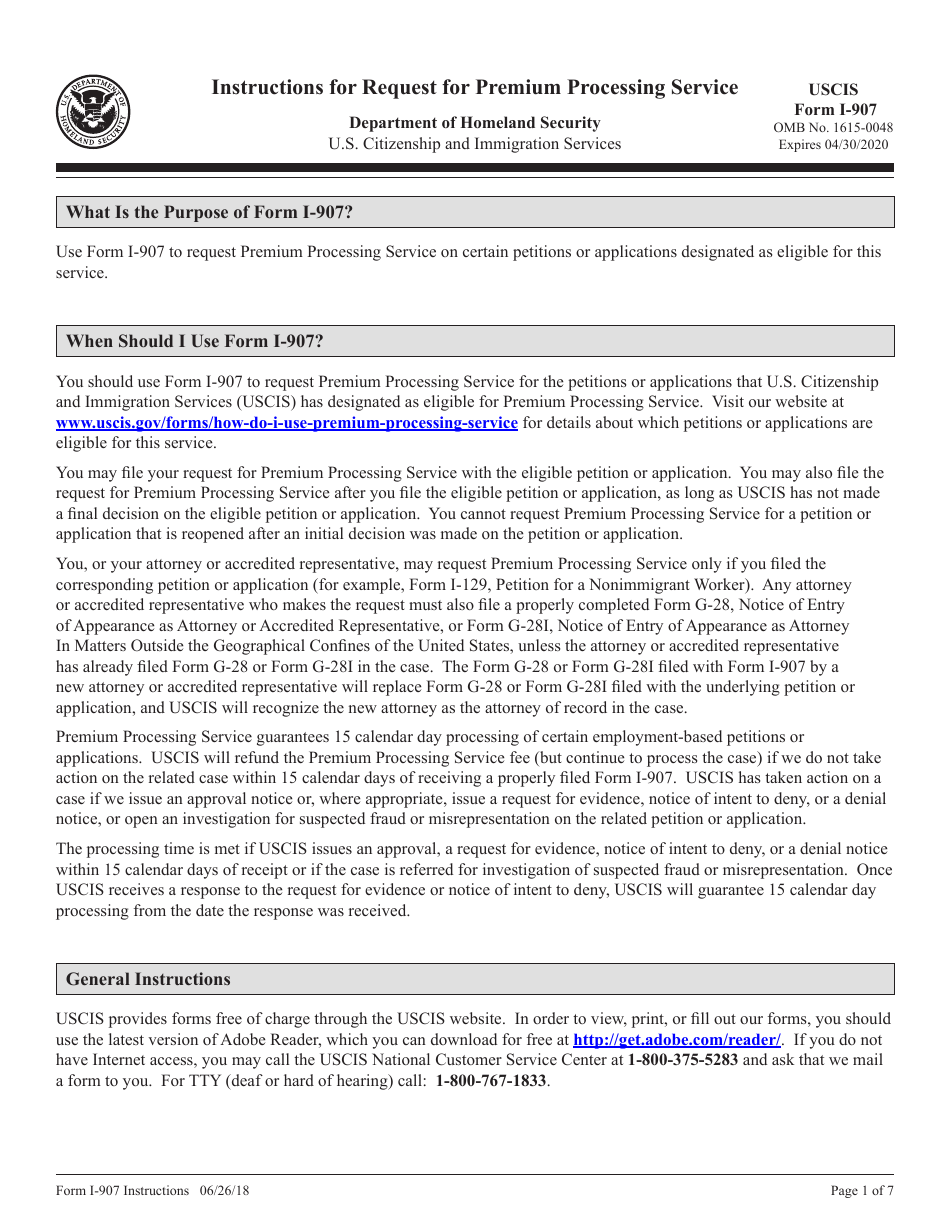 Instructions for USCIS Form I-907 Request for Premium Processing Service, Page 1