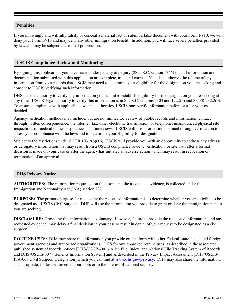 Instructions for USCIS Form I-910 Application for Civil Surgeon Designation, Page 10