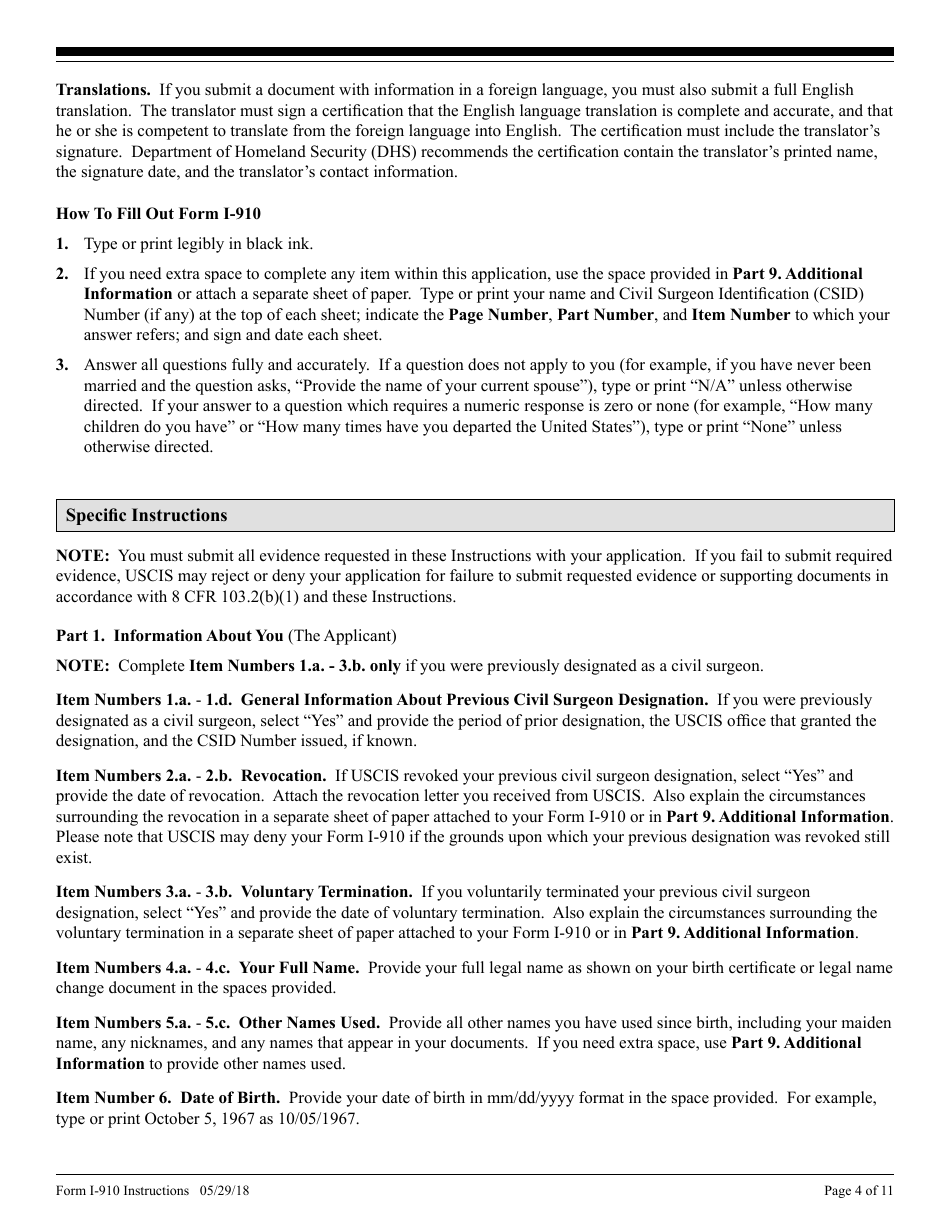 Instructions for USCIS Form I-910 Application for Civil Surgeon Designation, Page 4