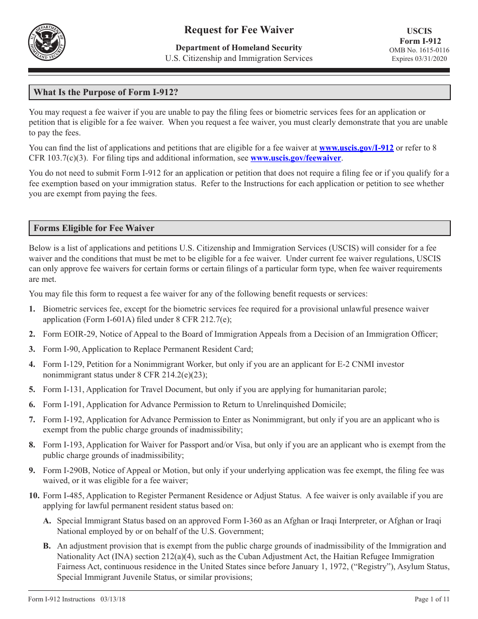 Download Instructions For USCIS Form I-912 Request For Fee Waiver PDF ...