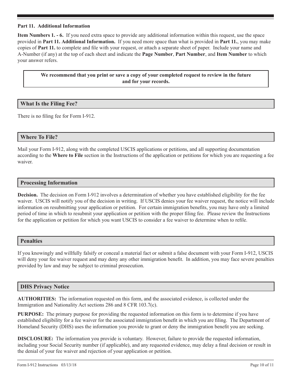 Instructions for USCIS Form I-912 Request for Fee Waiver, Page 10