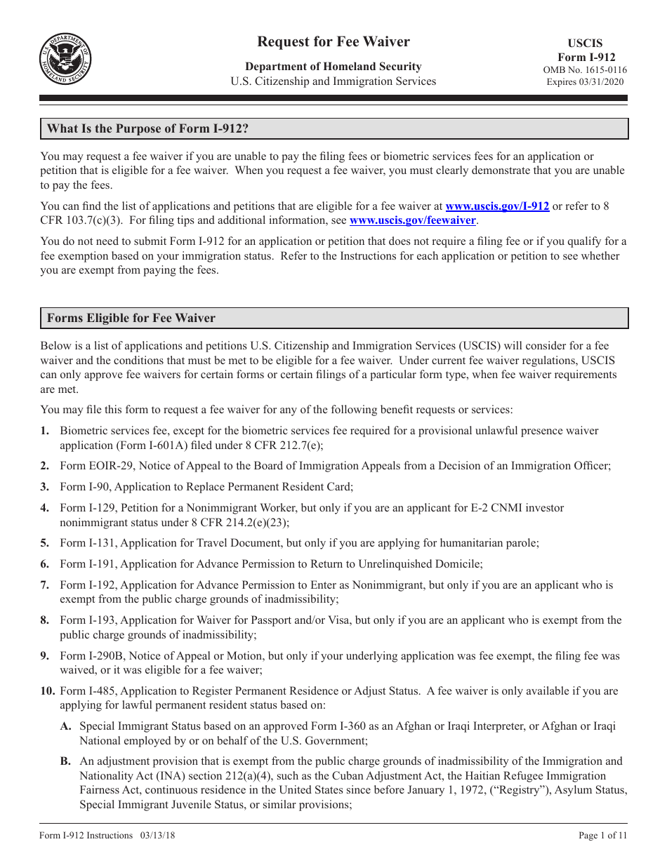 Instructions for USCIS Form I-912 Request for Fee Waiver, Page 1