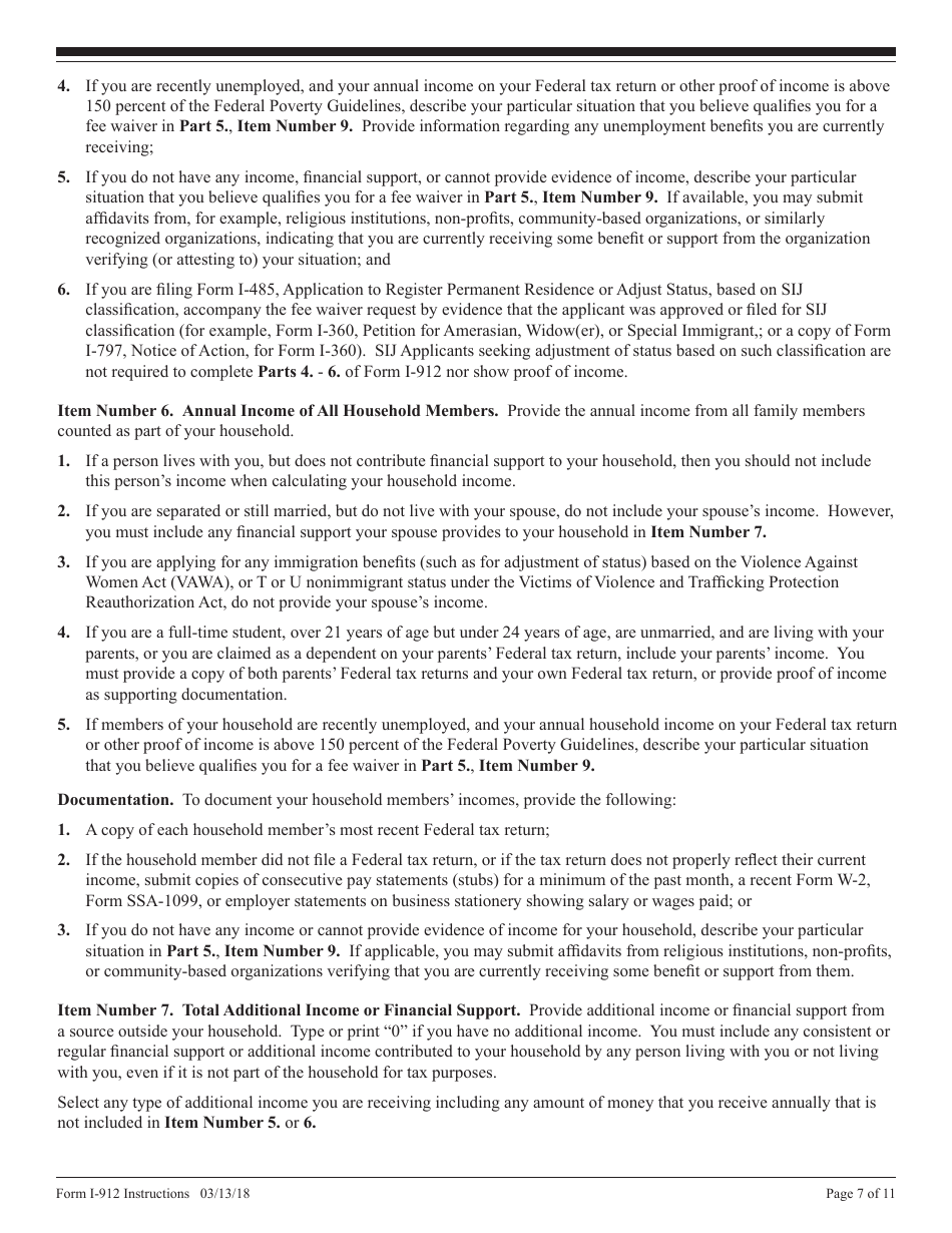 Instructions for USCIS Form I-912 Request for Fee Waiver, Page 7