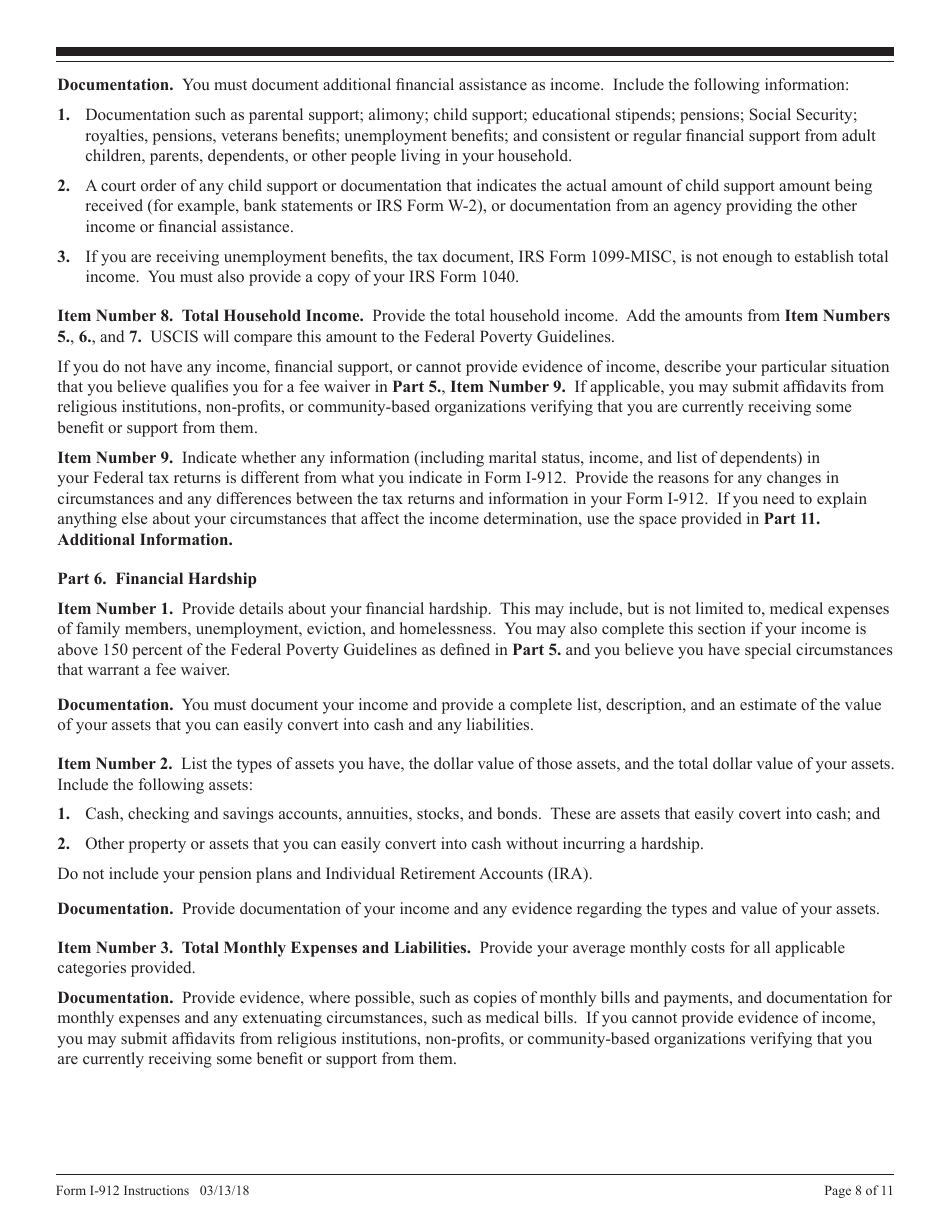 Instructions for USCIS Form I-912 Request for Fee Waiver, Page 8