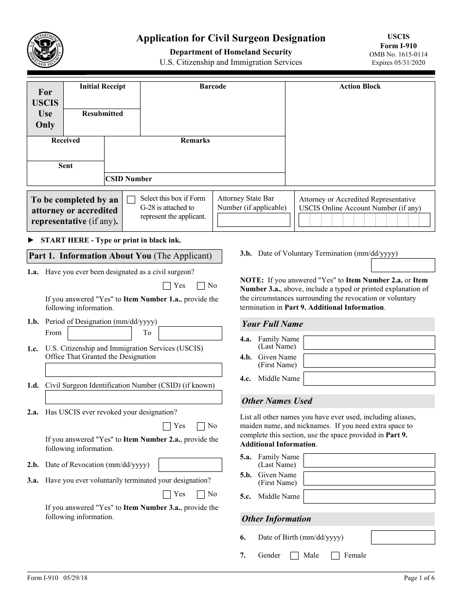 USCIS Form I-910 Application for Civil Surgeon Designation, Page 1
