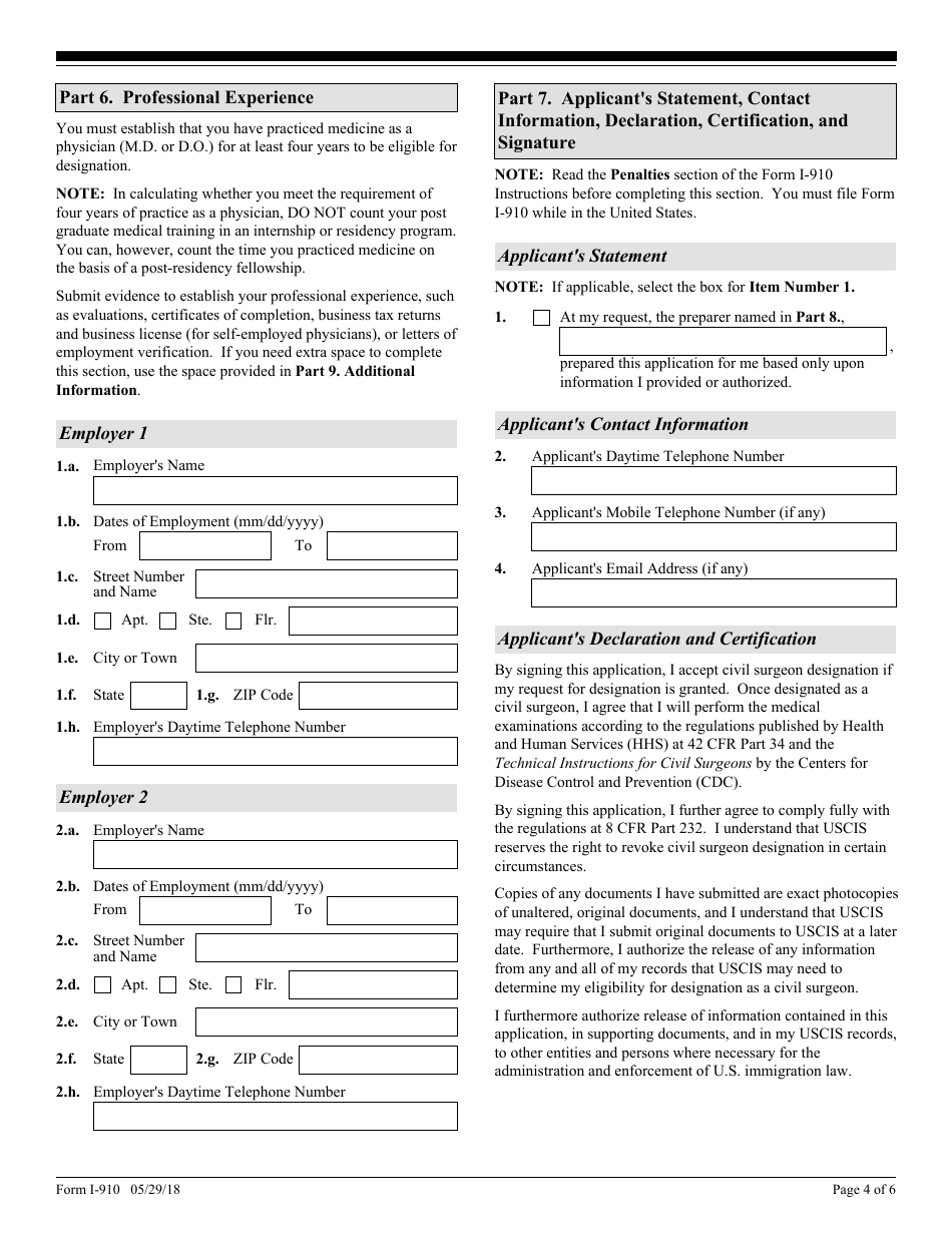 USCIS Form I-910 Application for Civil Surgeon Designation, Page 4