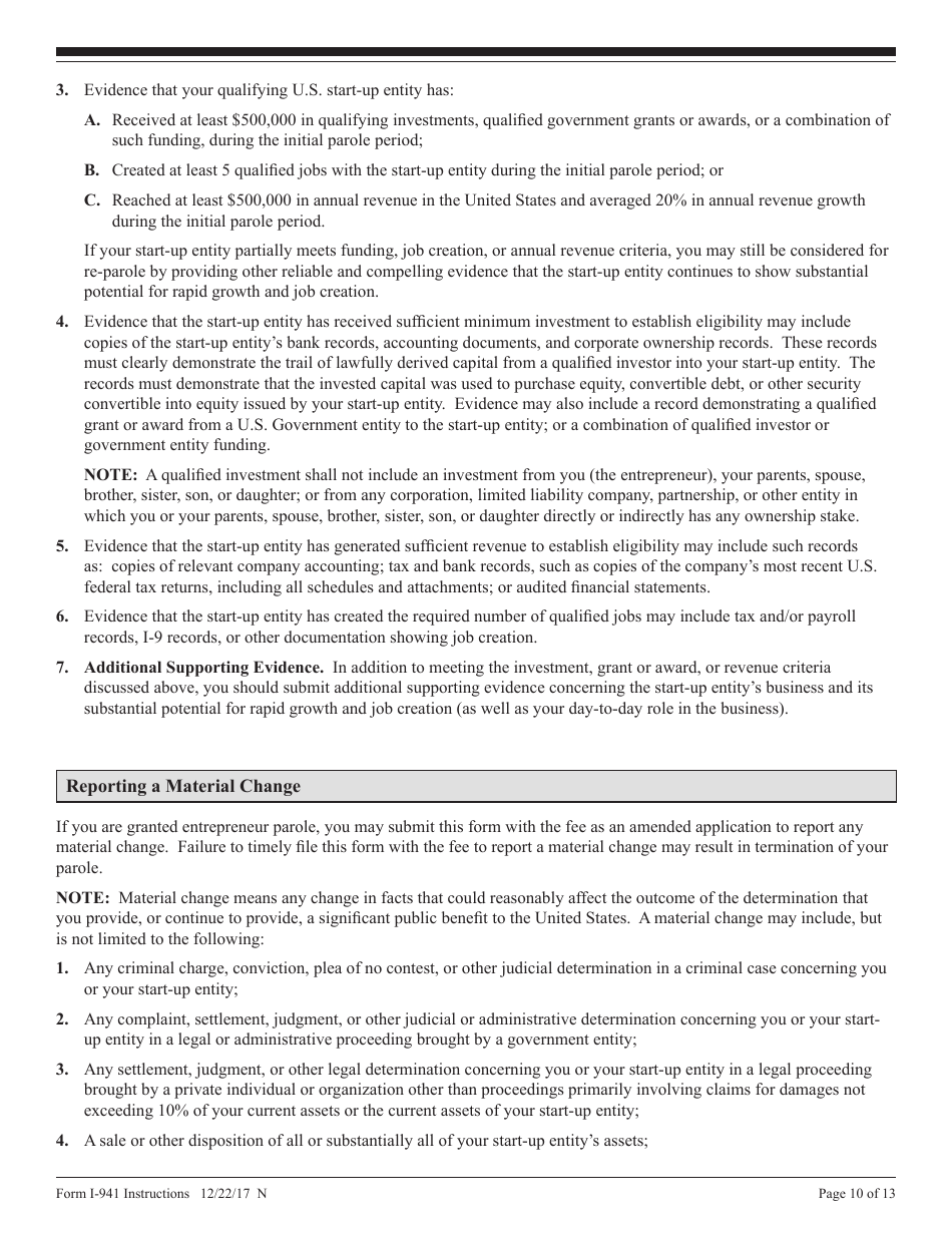 Instructions for USCIS Form I-941 Application for Entrepreneur Parole, Page 10