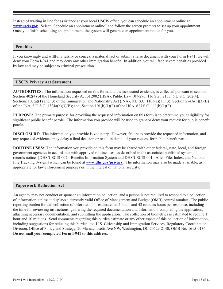 Instructions for USCIS Form I-941 Application for Entrepreneur Parole, Page 13
