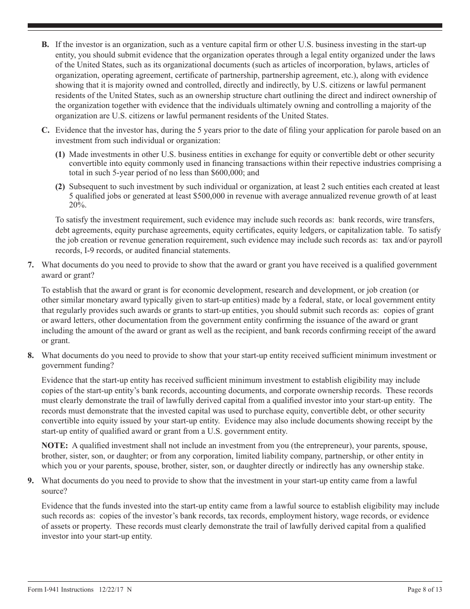 Instructions for USCIS Form I-941 Application for Entrepreneur Parole, Page 8