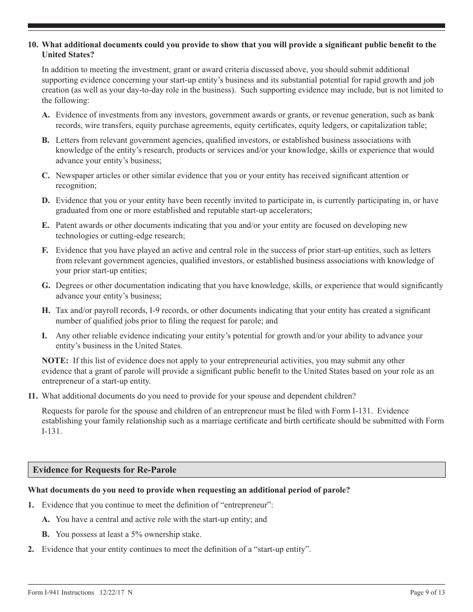 Instructions for USCIS Form I-941 Application for Entrepreneur Parole, Page 9