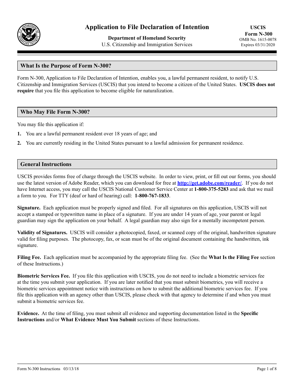 Instructions for USCIS Form N-300 Application to File Declaration of Intention, Page 1