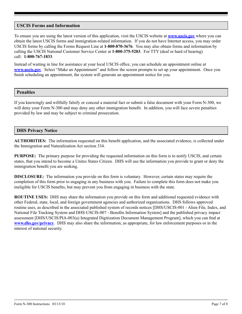 Instructions for USCIS Form N-300 Application to File Declaration of Intention, Page 7
