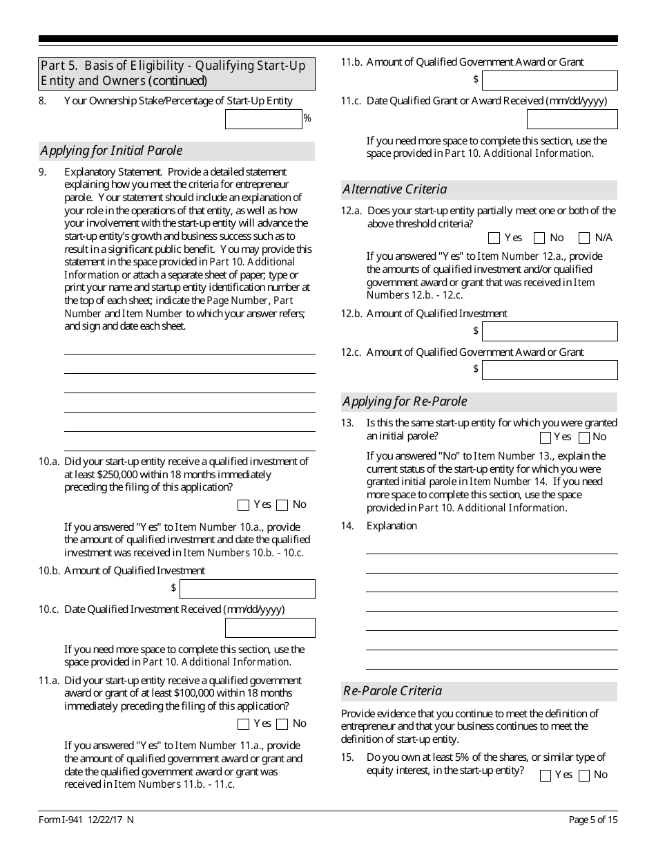 USCIS Form I-941 Application for Entrepreneur Parole, Page 5