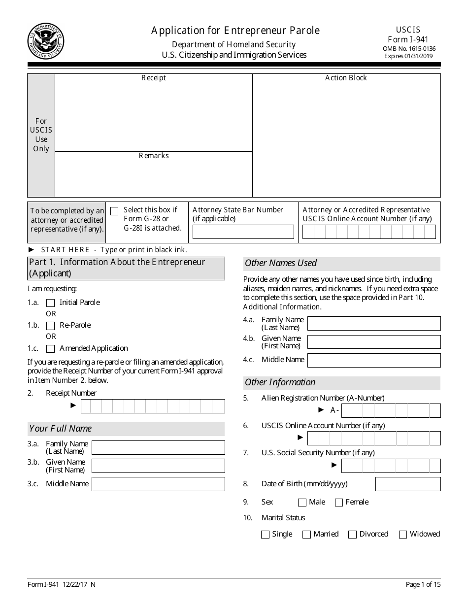 USCIS Form I941 Fill Out, Sign Online and Download Fillable PDF