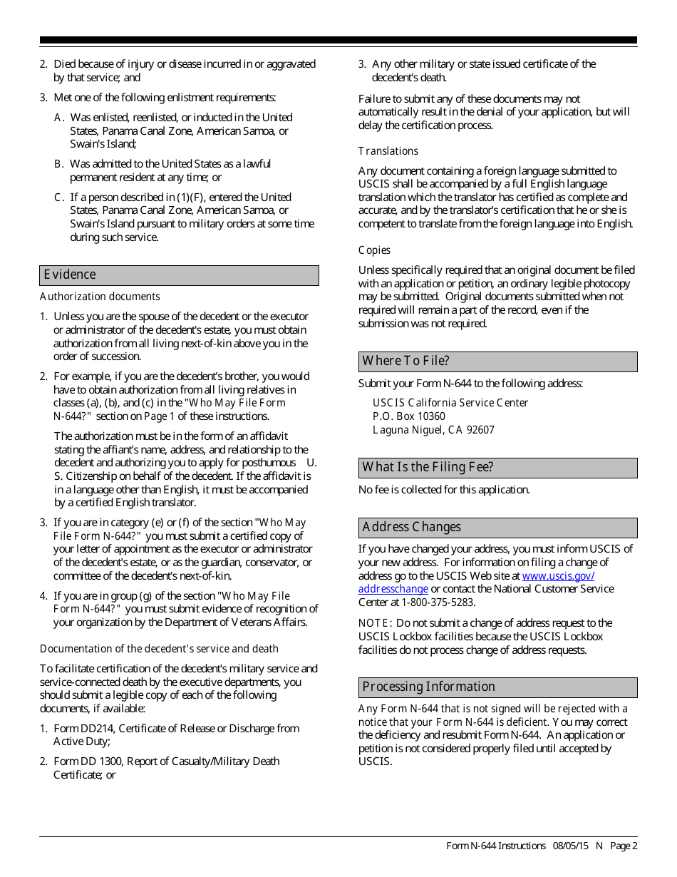 Instructions for USCIS Form N-644 Application for Posthumous Citizenship, Page 2
