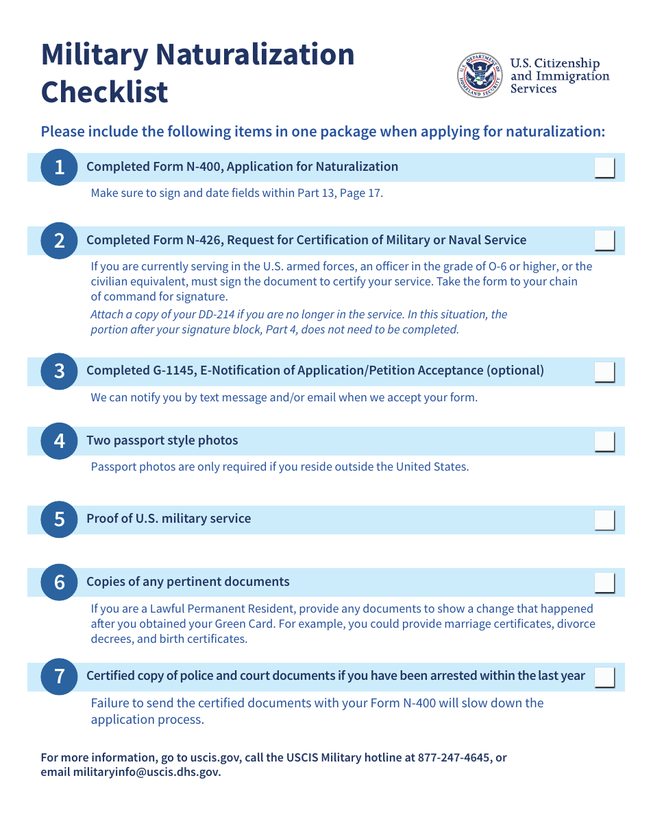 Military Naturalization Checklist, Page 1