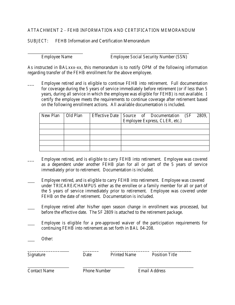 Fehb Information and Certification Memorandum, Page 1