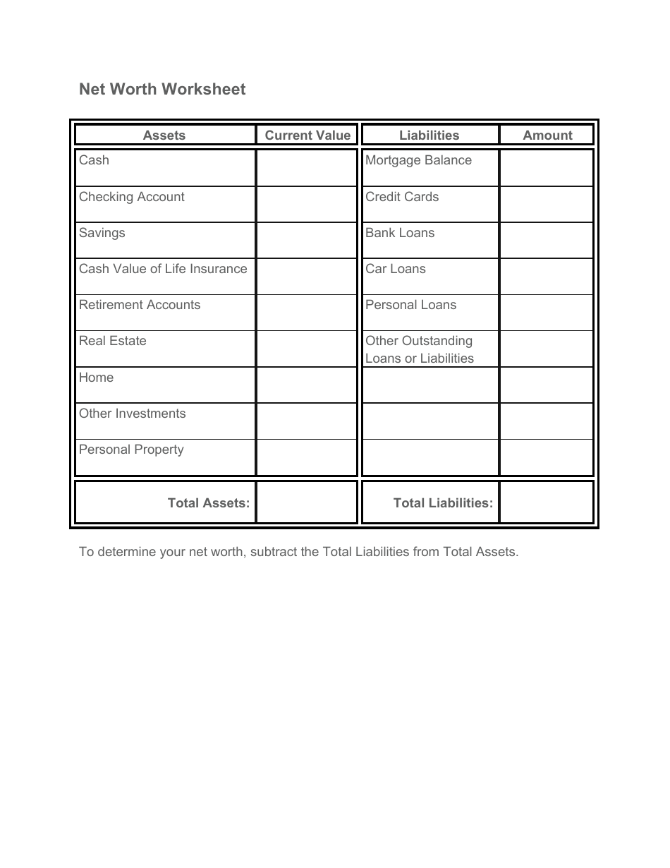 Net Worth Worksheet Template Preview