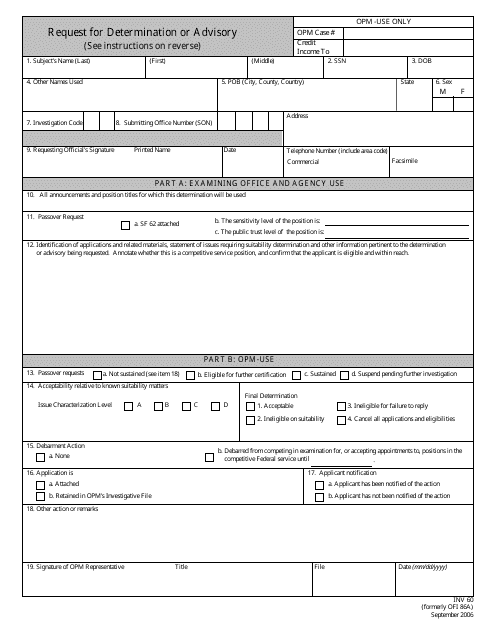 OPM Form INV60 Request for Determination or Advisory