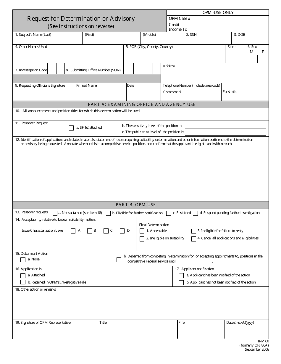 OPM Form INV60 Request for Determination or Advisory, Page 1
