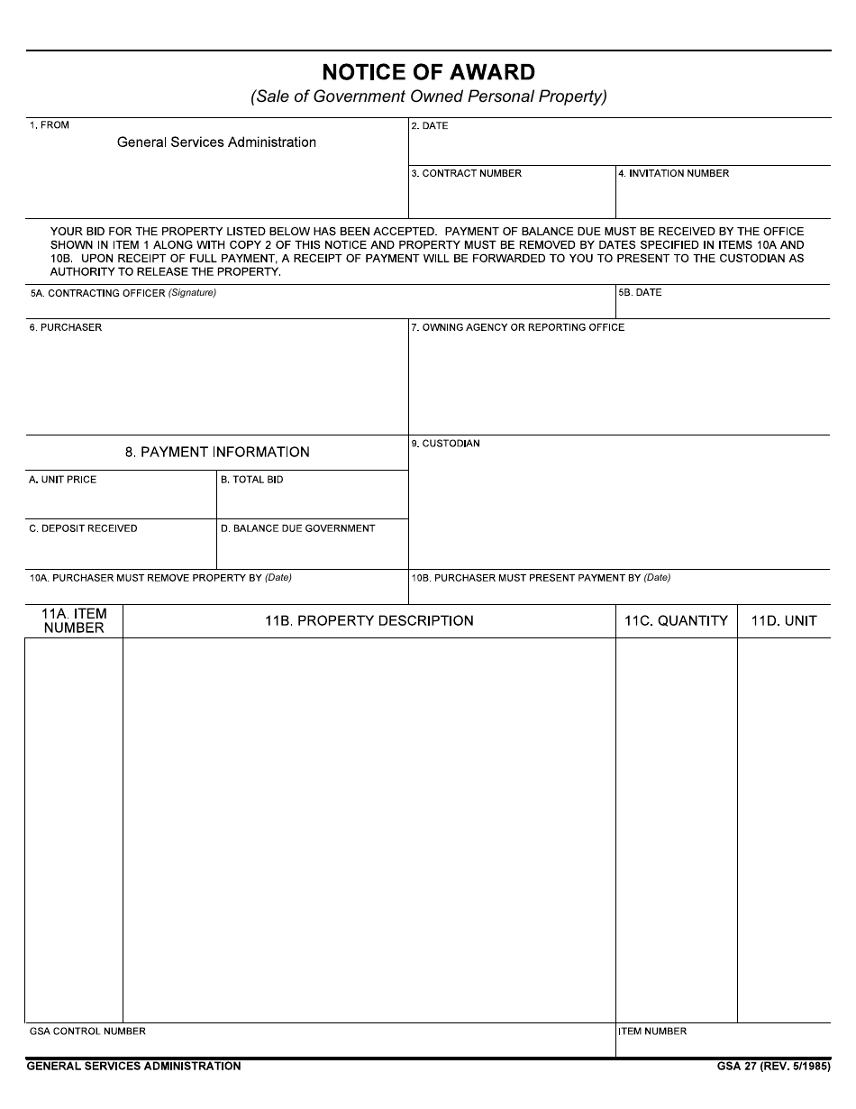 GSA Form 27 Notice of Award (Sale of Government Owned Personal Property), Page 1