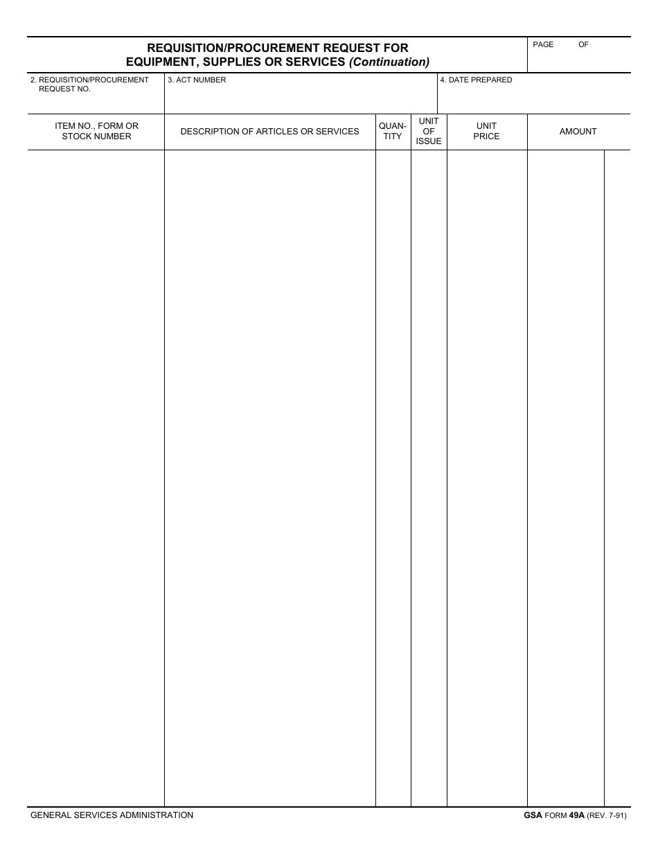 GSA Form 49A Requisition / Procurement Request for Equipment, Supplies or Services (Continuation), Page 1