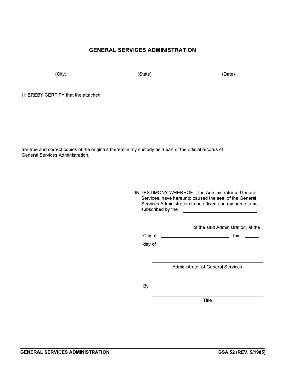 GSA Form 52 Certification of Official Records, Page 1